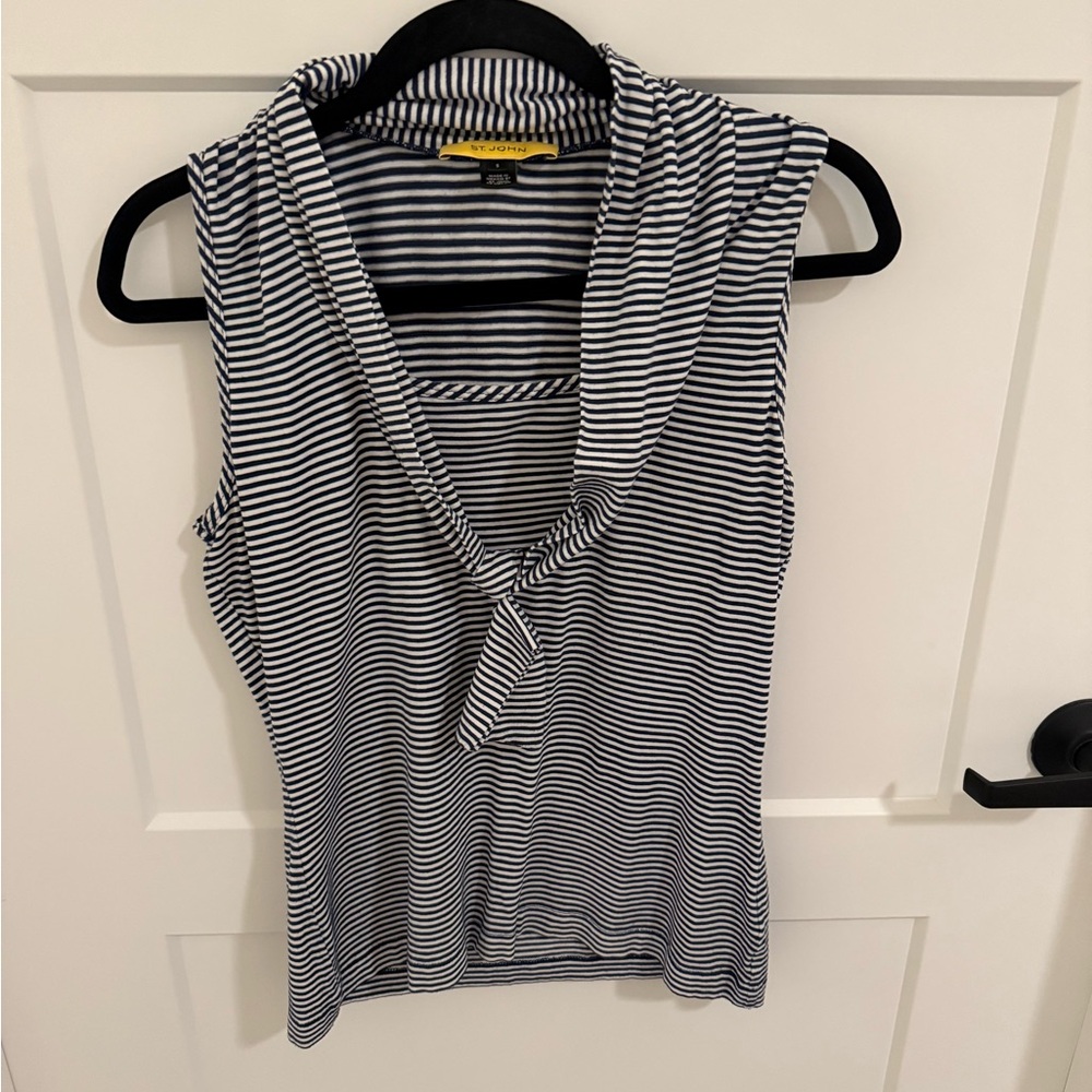 St. John Navy & White Stripe Sleeveless Hooded Blouse Size S
